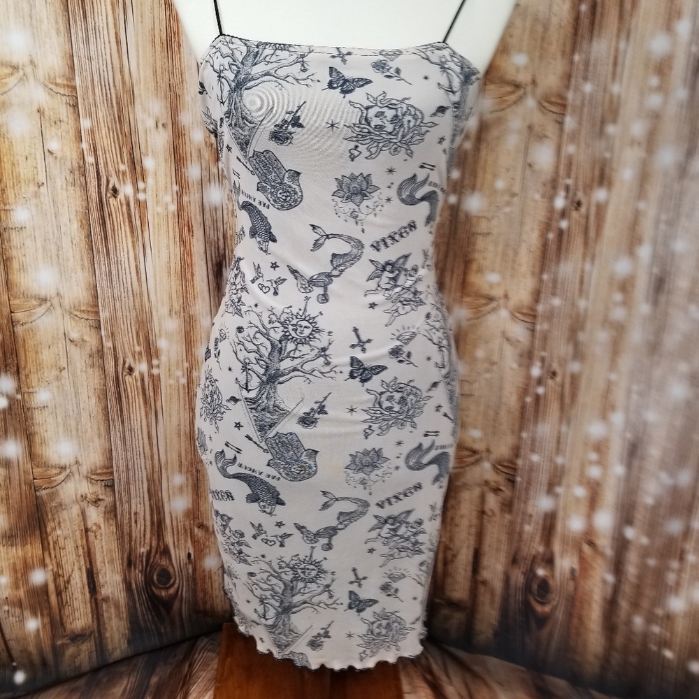 Bear Dance Tan Sheer Lined Lettuce Trim Juniors Lg Spaghetti Strap Mini Dress